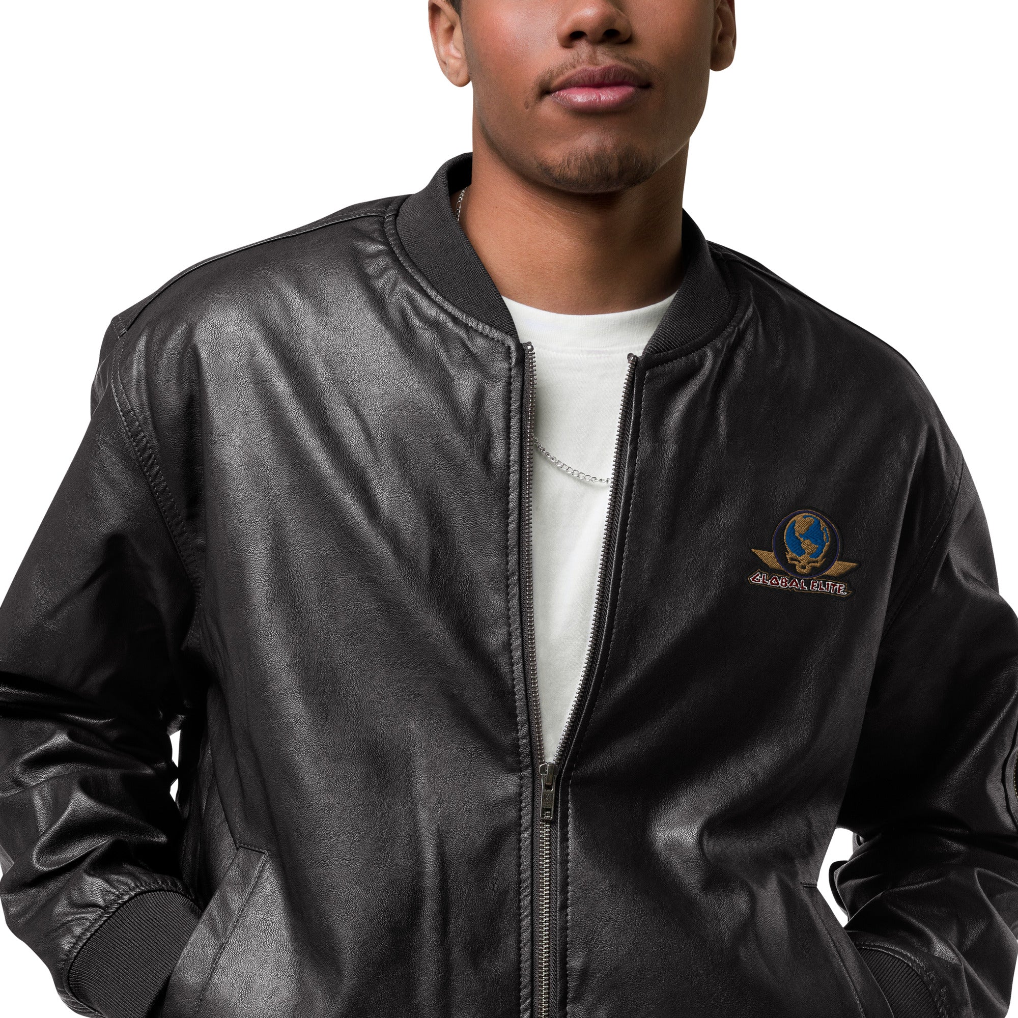 Global Elite Faux Leather Bomber Jacket